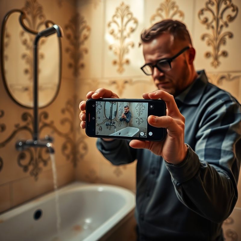 Řemeslník dokumentuje únik vody fotoaparátem telefonu v české koupelně