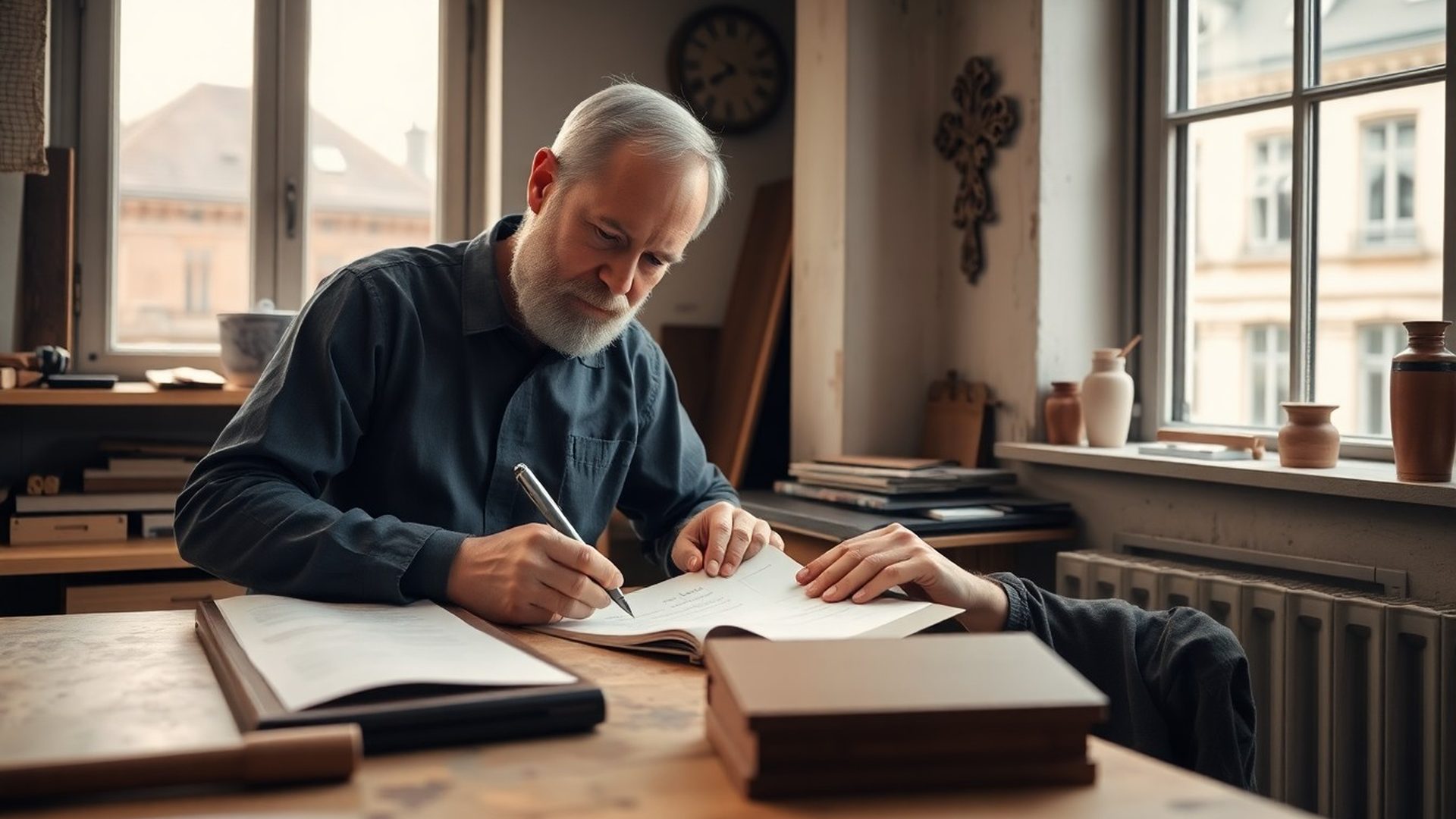 Řemeslník Dílny Veselý kontroluje písemnou cenovou kalkulaci u pracovního stolu v plzeňské dílně