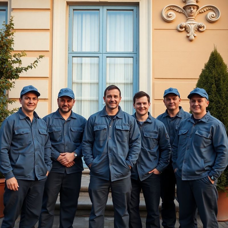 Pětičlenný tým řemeslníků Dílny Veselý v pracovních uniformách před plzeňským bytovým domem